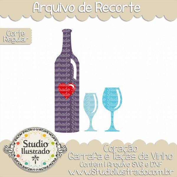 Coração Garrafa e Taças de Vinho