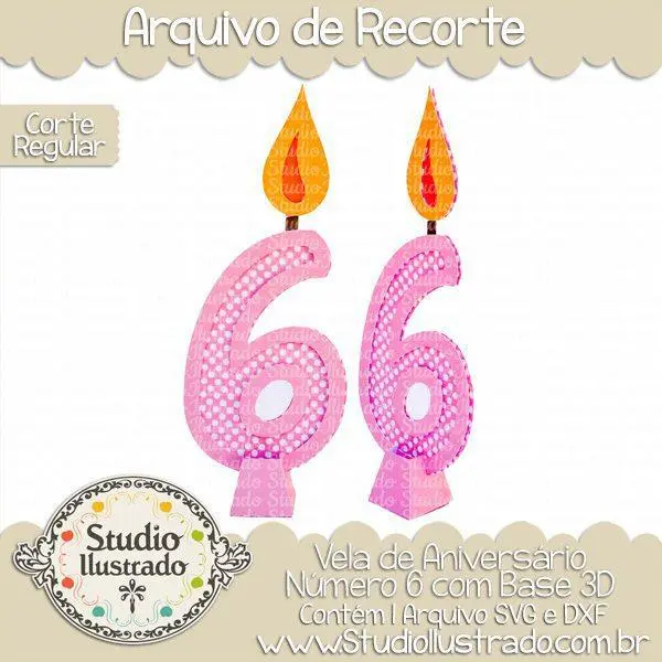 Vela de Aniversário Número 6 com Base 3D
