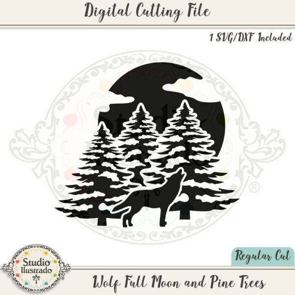 Wolf Full Moon and Pine Trees