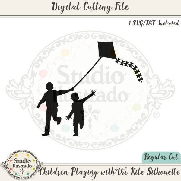 Children Playing with the Kite Silhouette