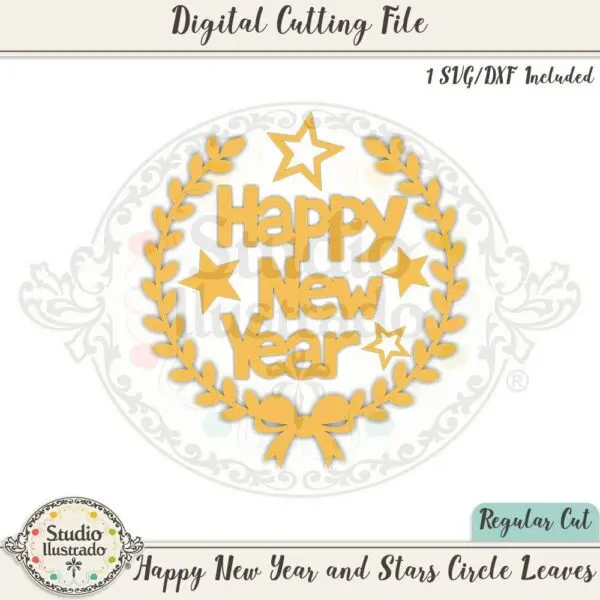 Happy New Year and Stars Circle Leaves