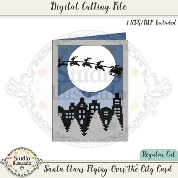 Santa Claus Flying Over the City Card